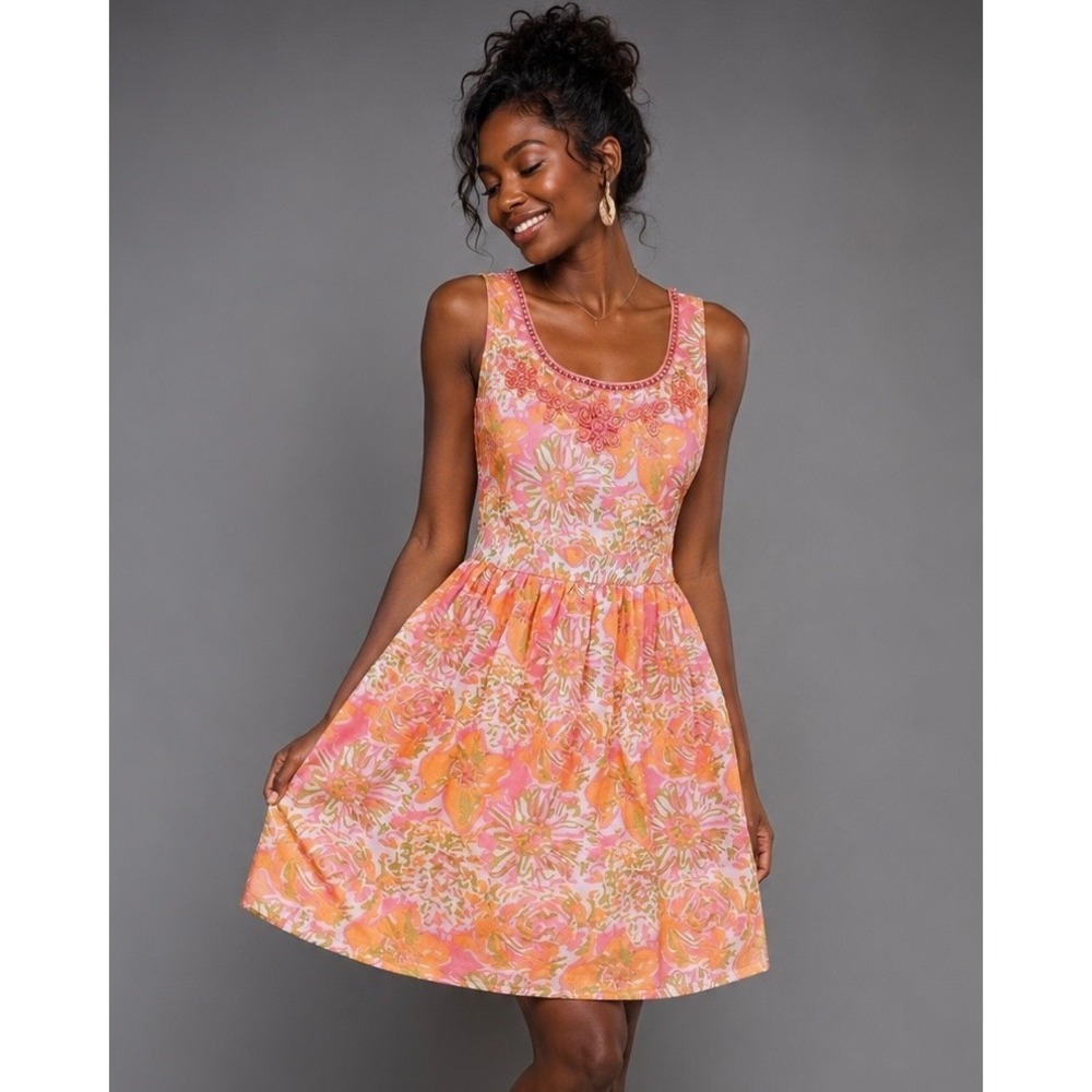 Bella‎ Tu S Floral Cotton Sundress Beaded Embellished Neckline Lined NEW